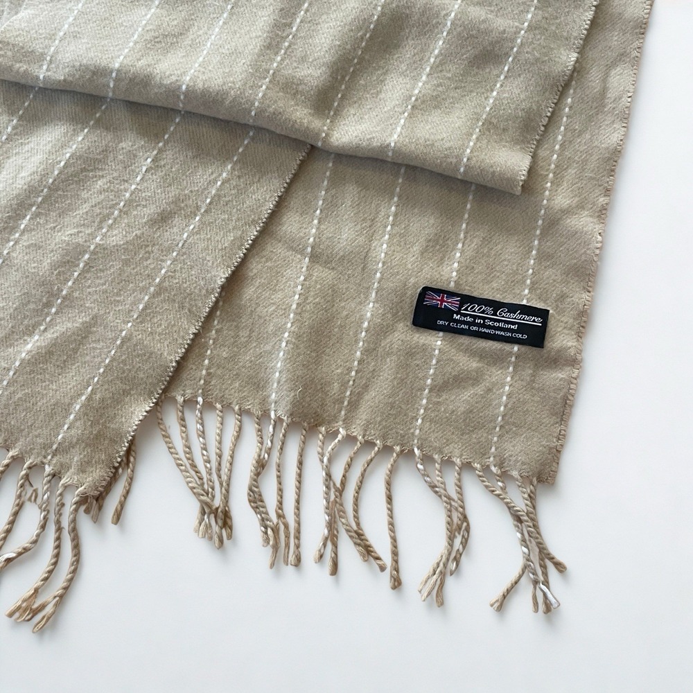 100% Cashmere Scarf Cream White Stripe Made In Scotland Elegant Unisex Quality